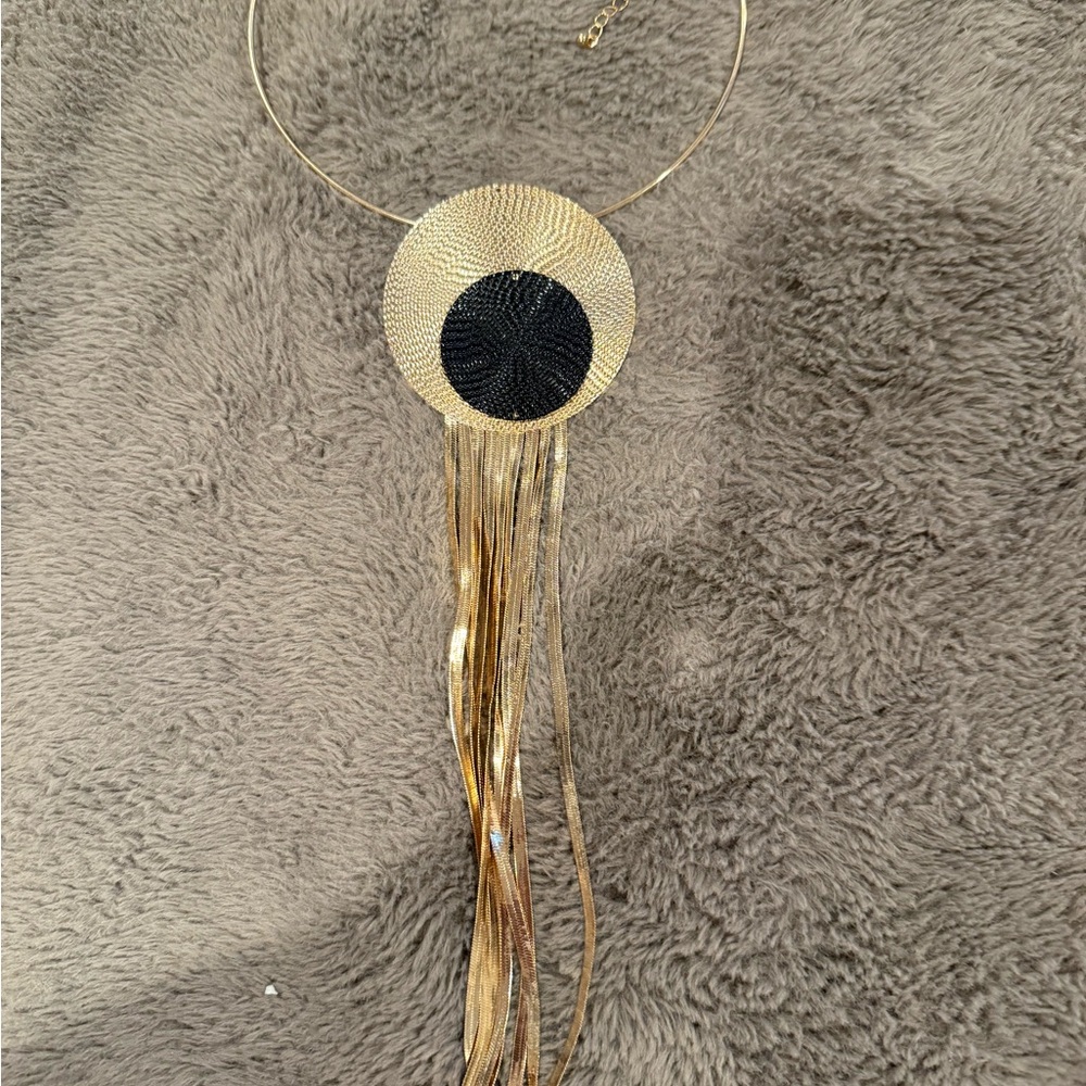 Gold and Black Fringe Statement Necklace